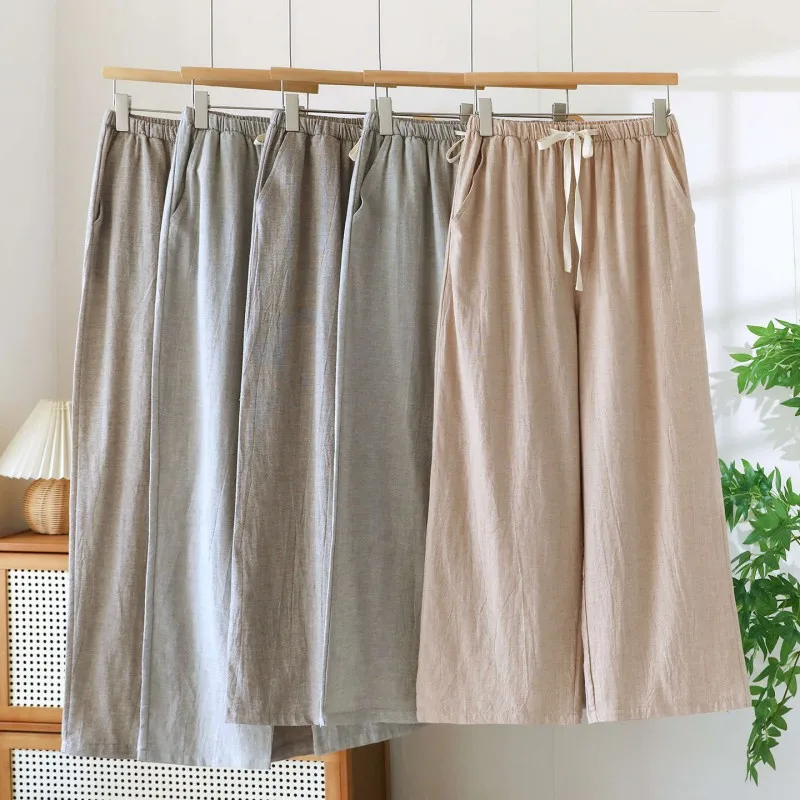 

Japanese New Spring and Autumn Couples 100% Cotton Crepe Cloth Simple Trousers Men Large Size Home Pants Simple Casual Pants