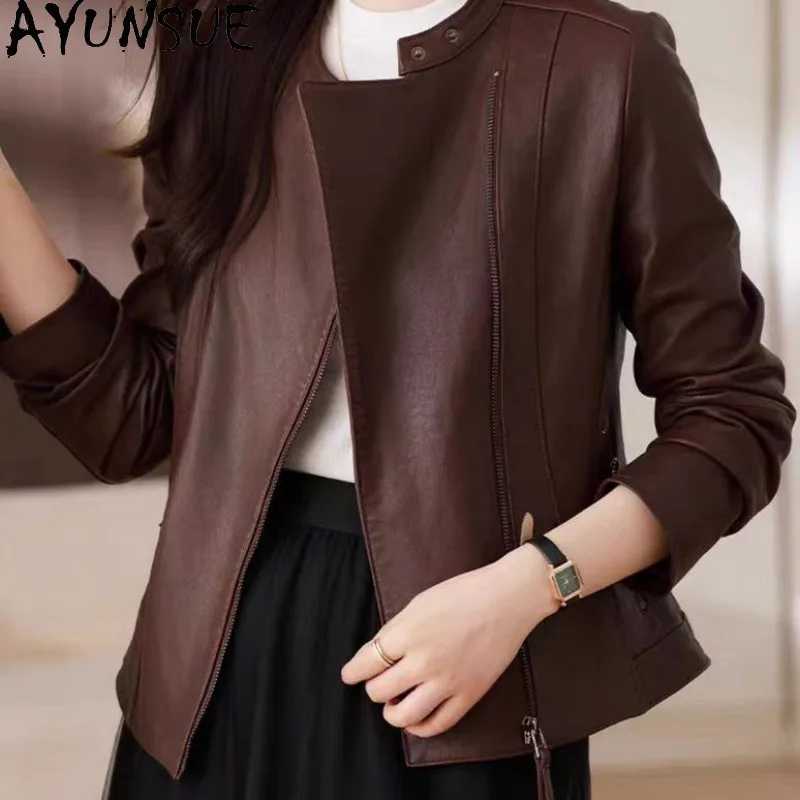 

AYUNSUE Real Leather Jacket Woman Spring Autumn Sheepskin Short Jackets for Woman Fitted Motorcycle Jacket Woman Clothes Jaqueta