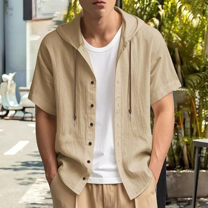 Men Fashion Bohemian Vacation‑Style Hooded Short‑Sleeve Shirt, Lightweight Loose Top for Beach Holiday Daily Leisure Wear