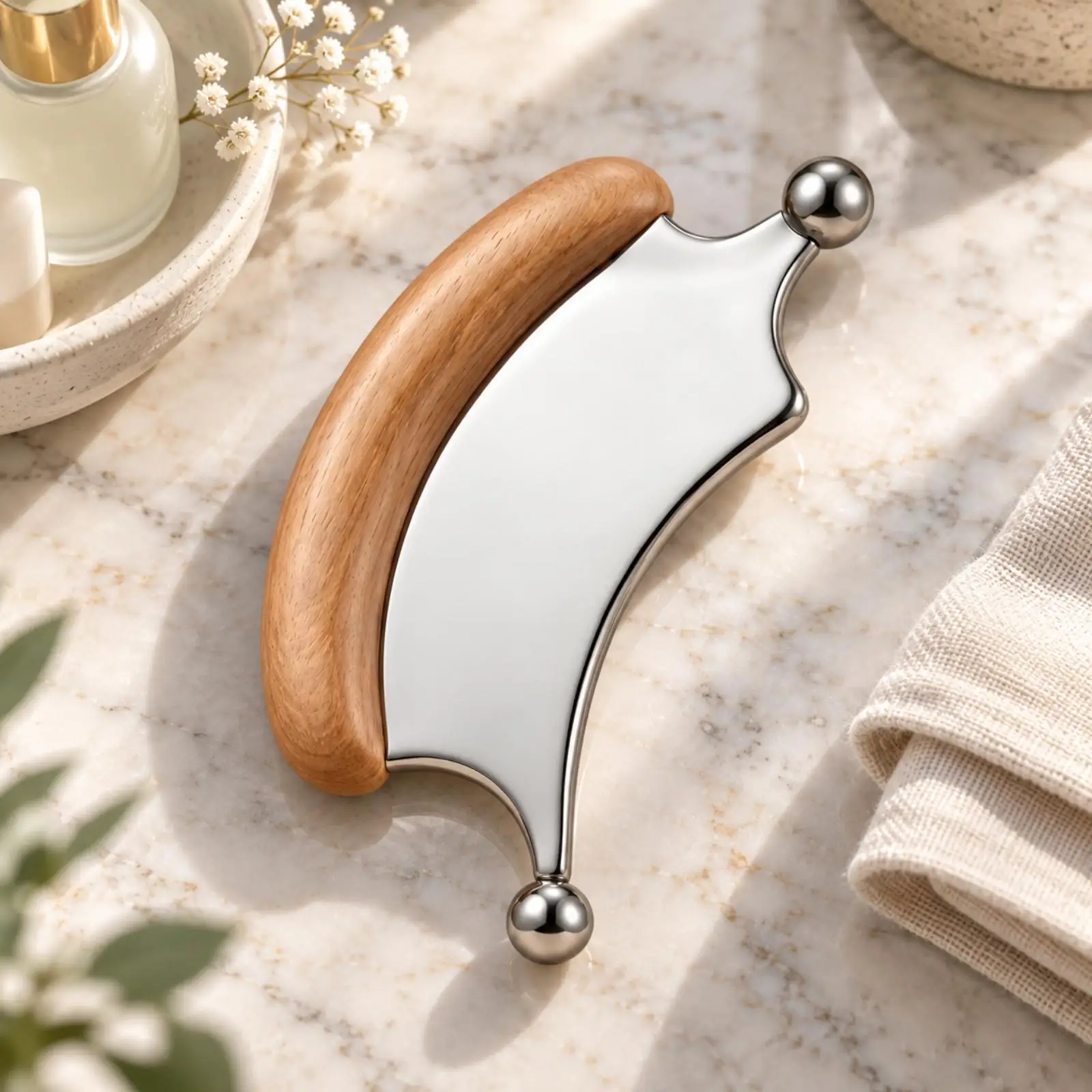 Ergonomic Facial Massage Scraper Stainless Steel Roller with Wooden Grip for Self Care