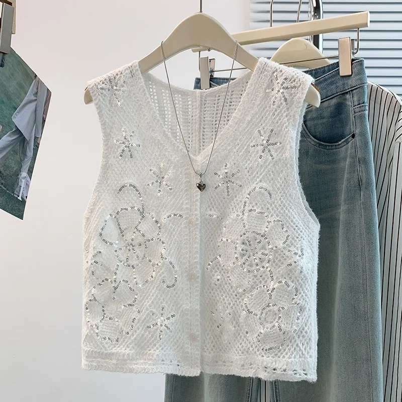 Spring Autumn Hollow out Hook Flower Anti-Aging Versatile High-End Sequin Open Cardigan Vest Outerwear Top City Commute Thin ...