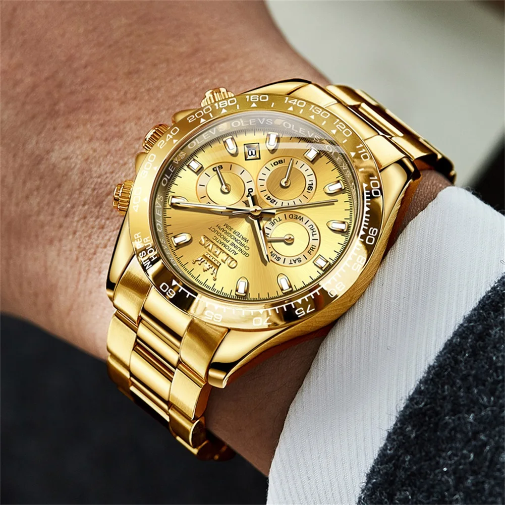 OLEVS Men Mechanical Wristwatch Luxury Gold Stainless Steel Automatic Watch Multifunction Watch for Men Relogios Masculino