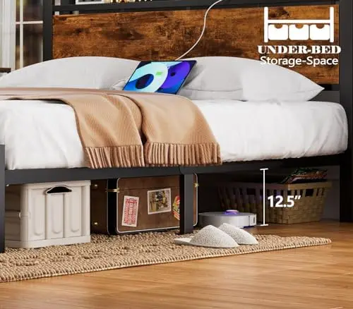 Pełna ramka łóżka z oświetleniem LED, przemysłowy zagłówek, ładowanie USB, schowek pod łóżkiem