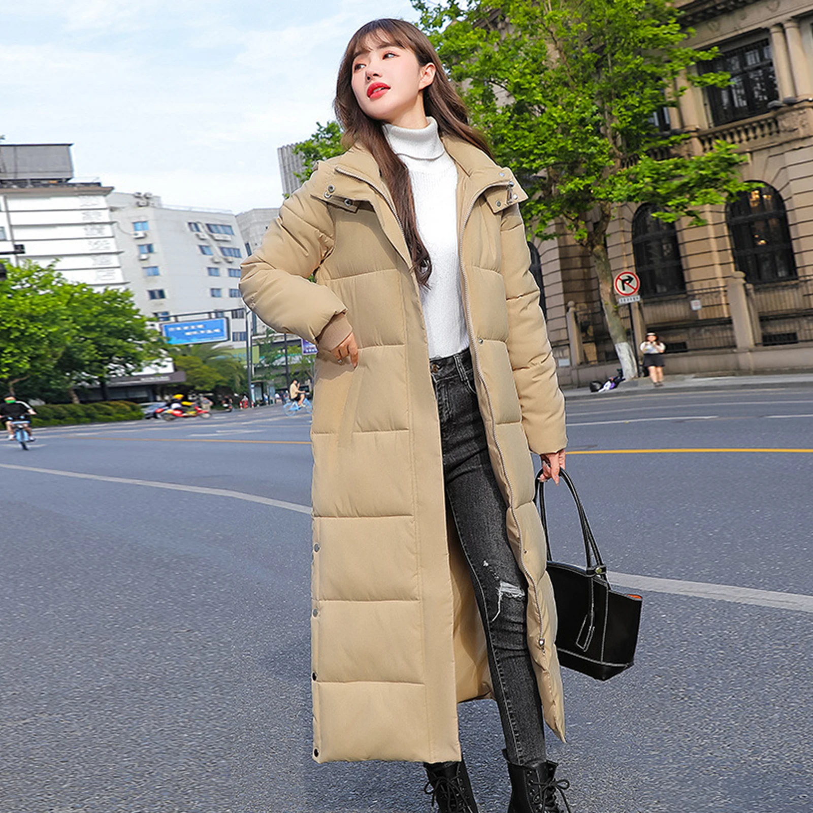 Thick Warm Jacket Stylish Women\'s Cotton Coat with Hood Long Sleeves Side Slit Hem Solid Color Down Jacket with for Outwear