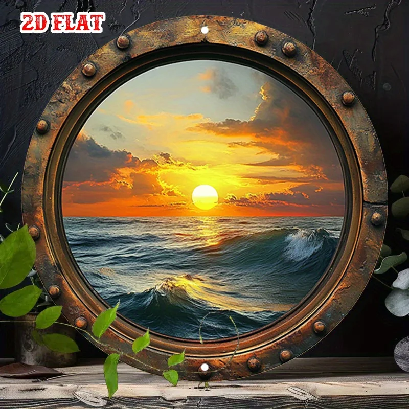 2D Flat - A Vintage-Style Metal Sign with a 2D Flat Design Showcasing an Ocean Sunset Viewed Through a Circular Window, Ideal fo