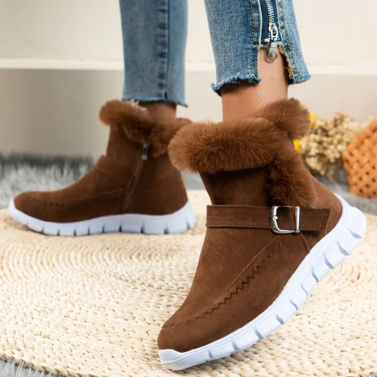 Botas de nieve cálidas de piel para Mujer, zapatos informales de gamuza de felpa corta, botines planos de Gladiador, Botas deportivas para Mujer,