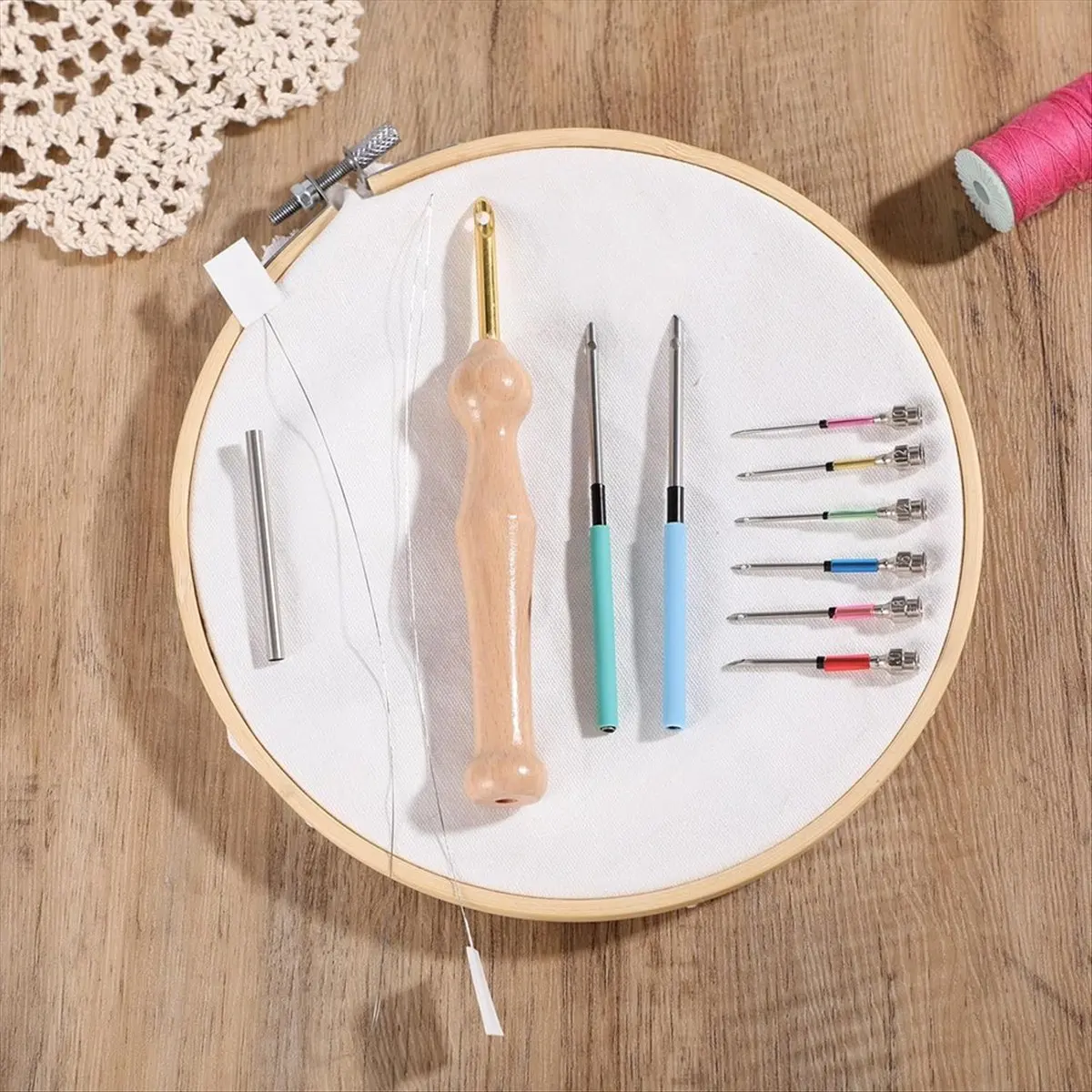 【2026 TOP Global】▼△◑12Pcs Punch Needle Kit, Needles Punch Adjustable Punch Needle Tool Wooden Handle Embroidery Tool Punch Needl