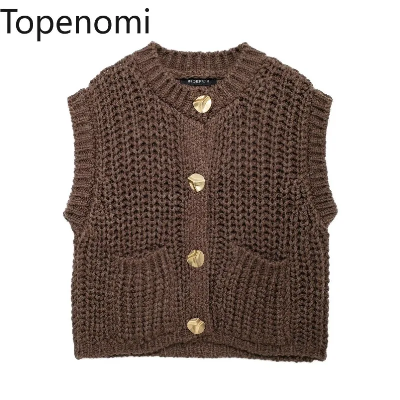 Topenomi Knitted Vest Women French Vintage Round Neck Short Coarse Needle Sweater Autumn Winter Outerwear Sleeveless Cardigan