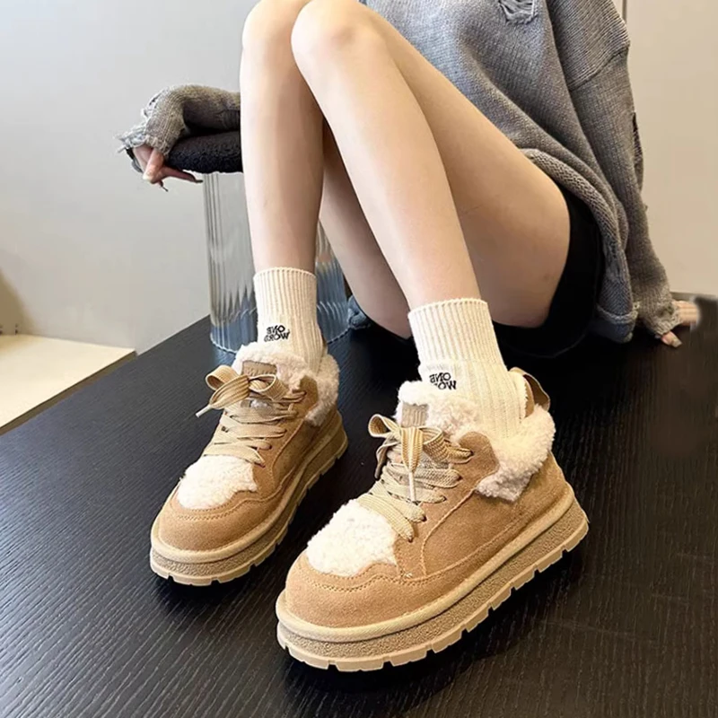 2024 Winter New Women\'s Keep Warm Cotton Shoes Fashion Platform Lace Up Low Top Sneakers Women Casual Plus Velvet Snow Boots