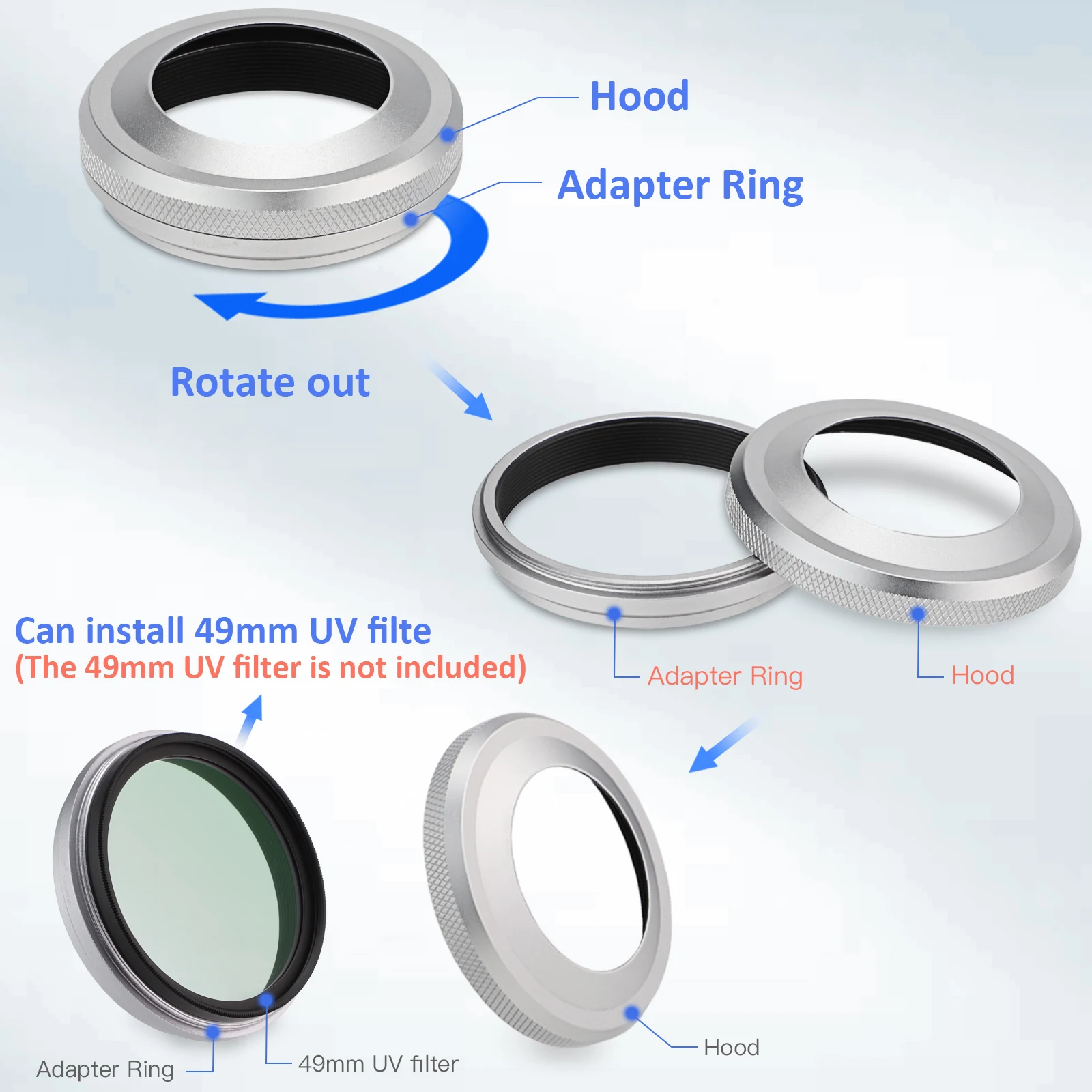 Haoge 2in1 All Metal Ultra-Thin Lens Hood with Adapter Ring Set for Fujifilm Fuji X100VI Camera Silver LH-X51W