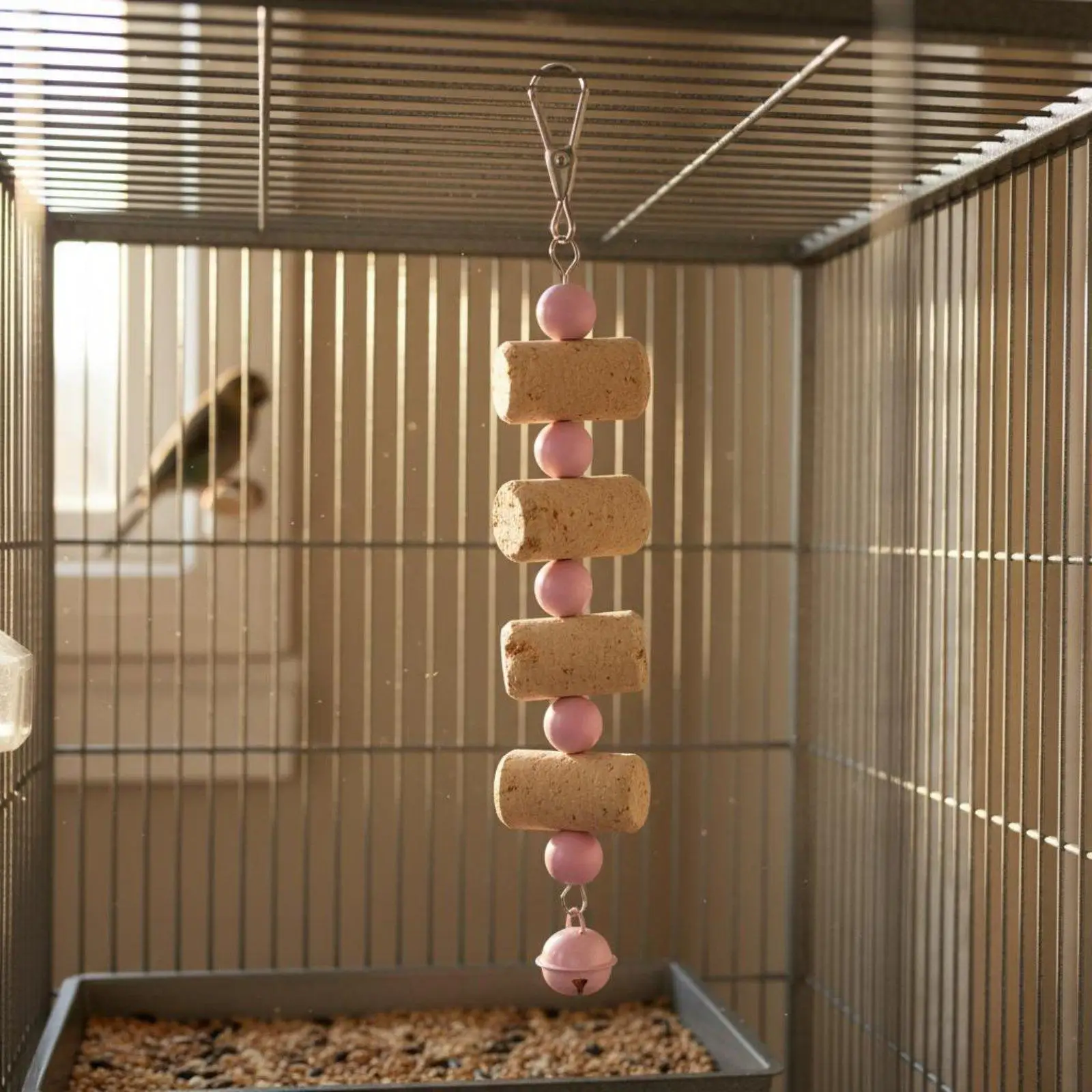 Small Parrot Foraging Toy Hanging Wooden Chew Device with Bell for Birds Cage Interactive Play