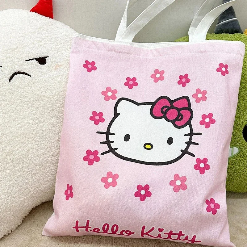 Bolsa de lona Kawaii Sanrio Hello Kitty Cinnamoroll, bolso de dibujos animados de Anime para estudiantes, bolsa de almacenamiento de libros al aire libre con cremallera, regalos para niñas