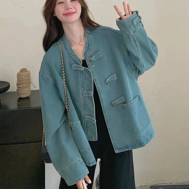Women Clothing Autumn Fashion Simplicity All-match Temperament Button Solid Color O-neck Female Chinese Style Denim Jacket Tops