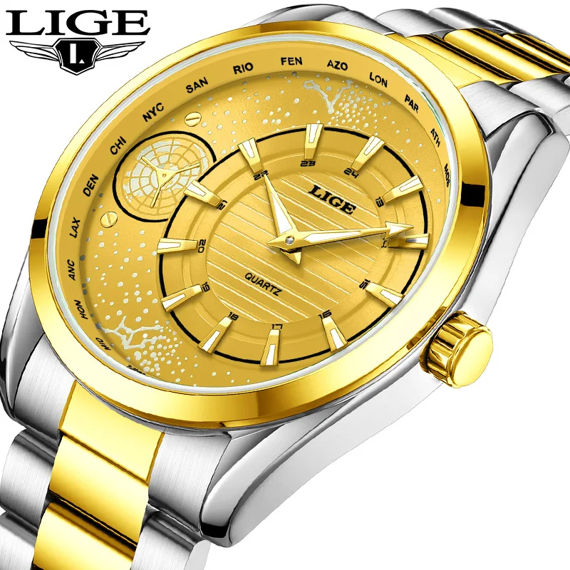 LIGE Creative Mens Watches Stainless Steel Golden Quartz Wristwatch for Man Luminous Waterproof Male Clock Relogio Masculino+Box