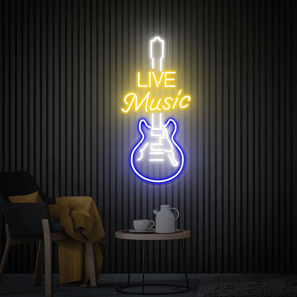 Live Music Neon Sign Guitar Neon Sign Wall Art Custom Music Party Studio Jamming Room Decor Led Light Personalized Gifts