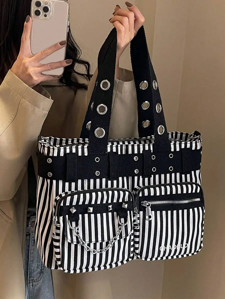

Black and White Striped Tote Bag with Rivets, Multiple Pockets, Chain Detail