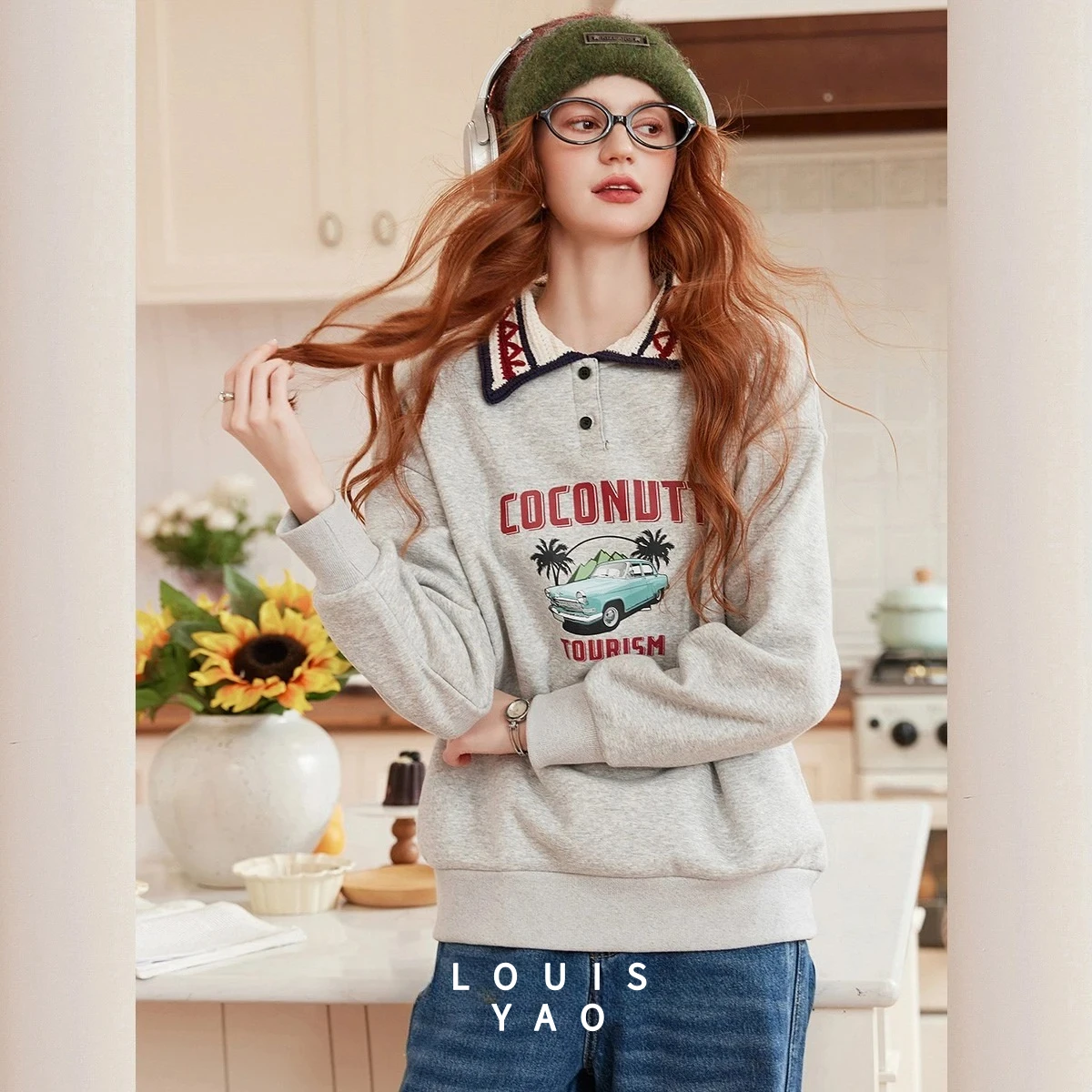 LOUISYAO Cartoon Letter Printed Loose Women's Sweatshirts 2025 Winter Thick Velvet Hoodie Aging Long Sleeve Tops