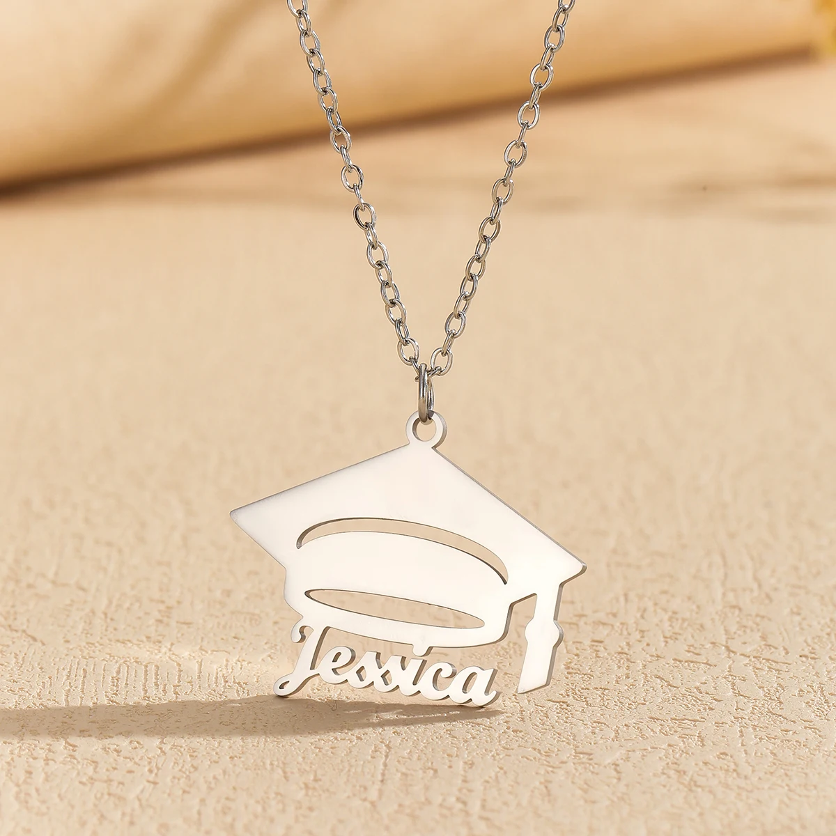 

Personalized Custom Name Necklace for Women Stainless Steel Bachelor's Hat Pendant Cuban Chain Graduation Jewelry Gift