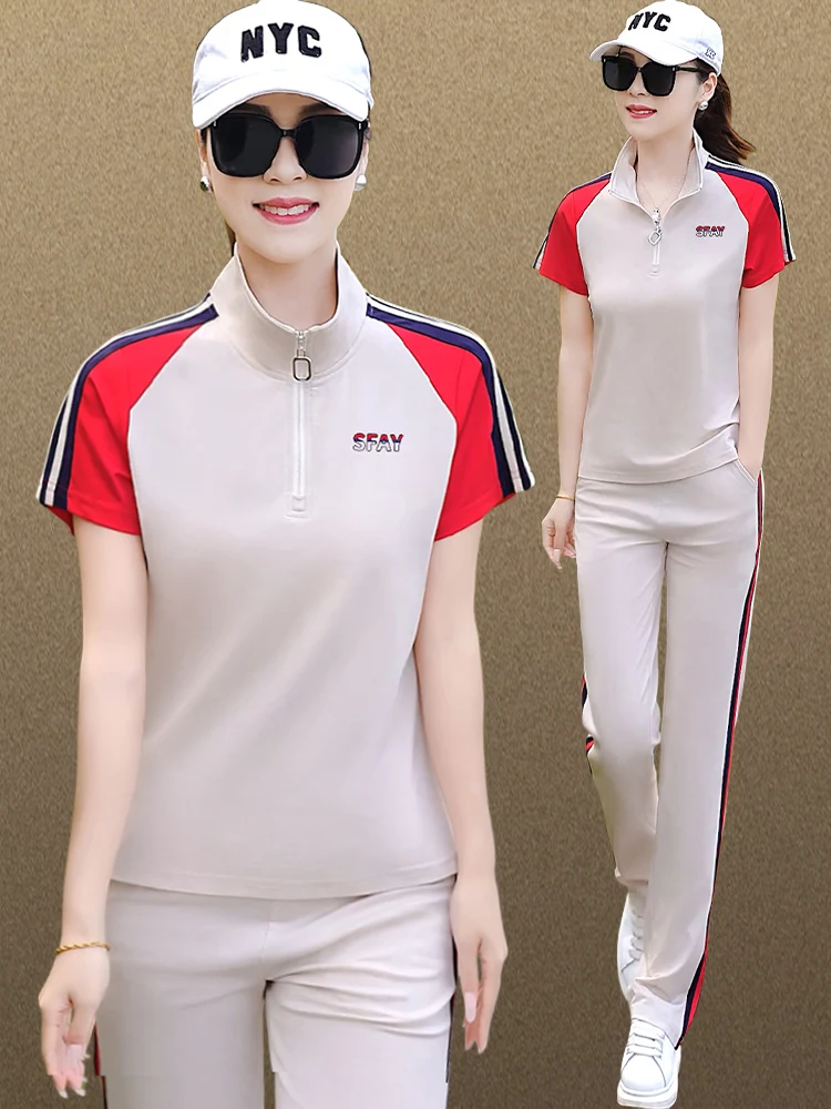 

Летний спортивный костюм для женщин: модный комплект из двух предметов для фитнеса и бега, большие размеры, для среднего возраста, в корейском стиле, с коротким рукавом и длинными брюками