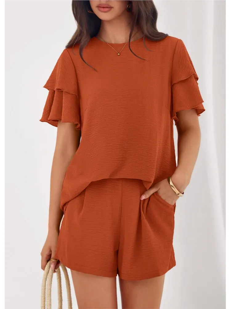 

2026 Fashion Double Short Sleeve T-shirt Shorts Women's 2-piece Set Summer New Casual Elastic Waist Pocket Shorts Set Female