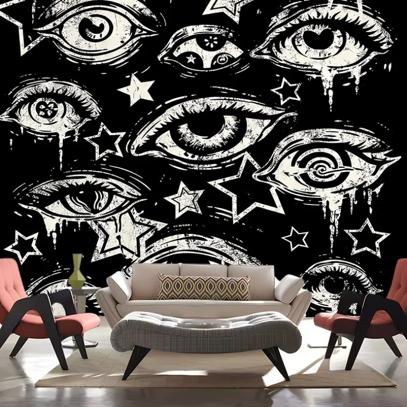 1pc Retro Y2K Evil Eyes Stars Black White Tapestry, 2D Flat Wall Hanging for Bedroom Living Room Dorm Decor