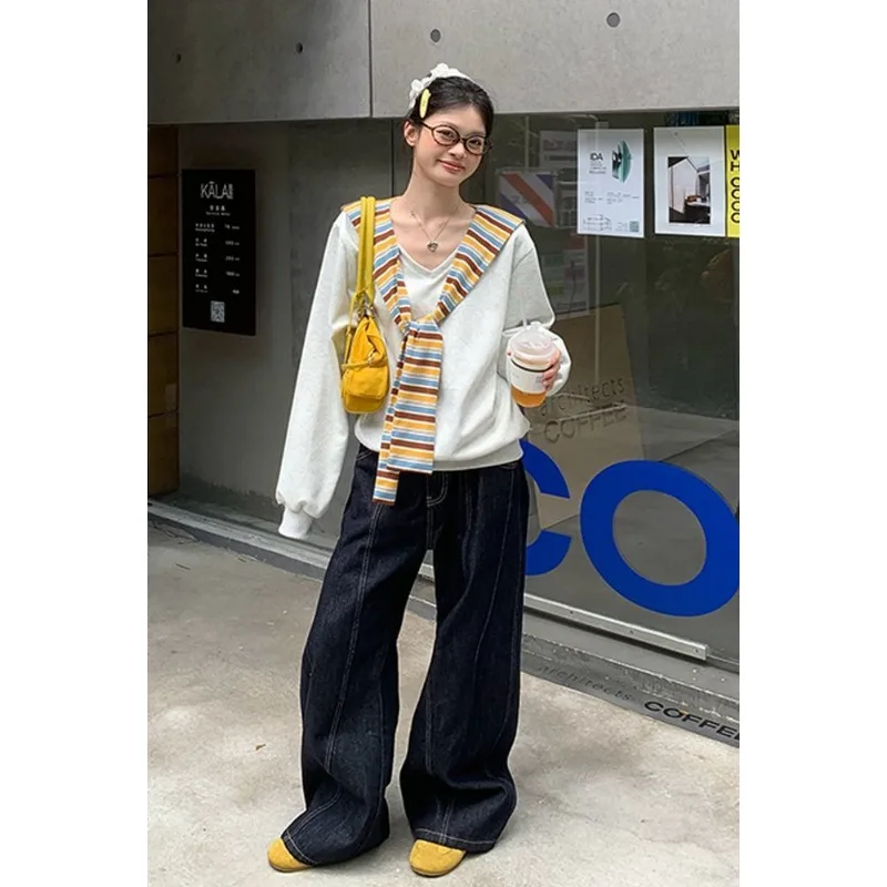 Fashion Solid Color V-neck Striped Shawl Sweatshirt For Women Autumn High-end Versatile Long-sleeved Top Pullover