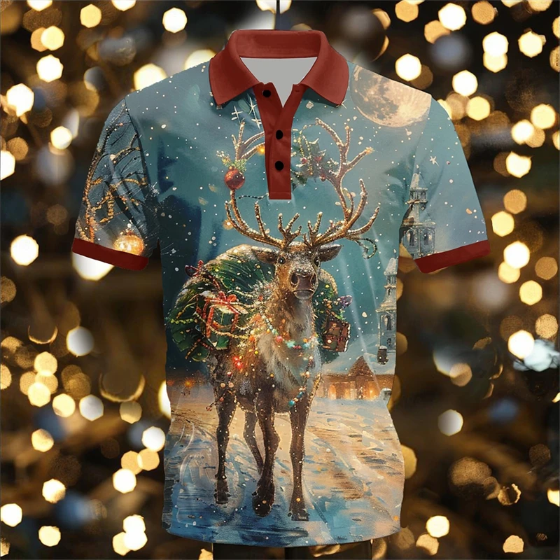 Funny 3D Cute Santa Claus Xmas Printed Polo Shirt For Men Happy Festival Graphic Merry Christmas Graphic Shirts & Blouses Polo