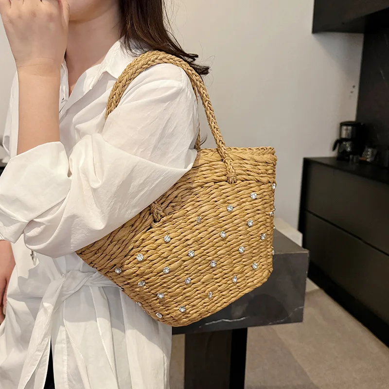 新しいシリンダートートバッグ-日本と韓国スタイルのバケットバッグ-女性用の手織りビーチバケーションカジュアルバッグ