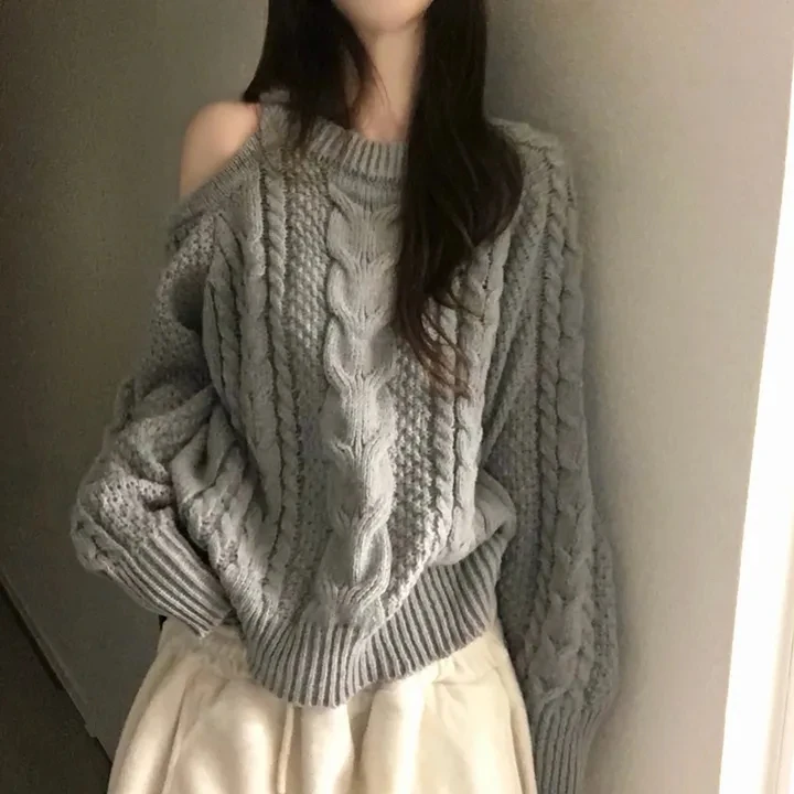 

Chic Korean Sle Women's Knitted Sweater Spring New Design round Ne oulder Bared Loose Slimming Knitwear Casual Commute ...