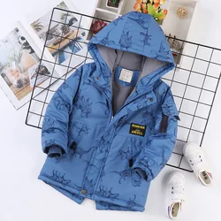 Autumn Winter Jacket For Boy Cartoon Dinosaur Hooded Plus Velvet Thicken Warm Boy Outerwear Coat 4-14 Year Kids Teenager Parka