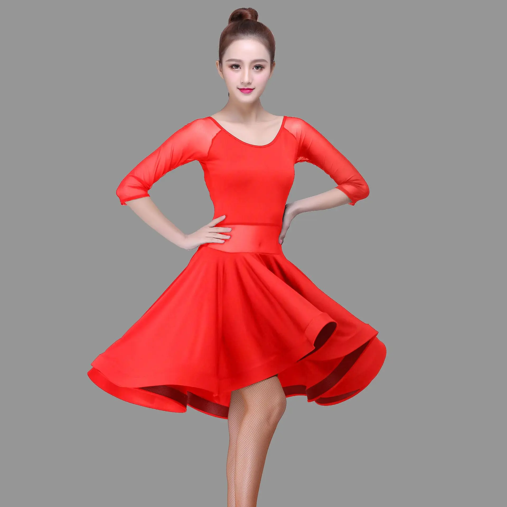 Latin Dance Costume Female Adult Sexy Spring Autumn Net Yarn Dress Fishbone Skirt Hemline Ballroom Professional Competition Set