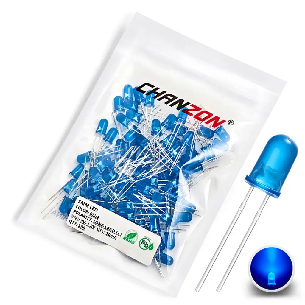 Produktbild von Zalati LED Dioden 5 Mm – 100 Stück, 5 Farben (Weiß, Blau, Rot, Grün, Gelb), Rundkopf, 2 Pin, 2–2,2 V, Für DIY & Elektronik