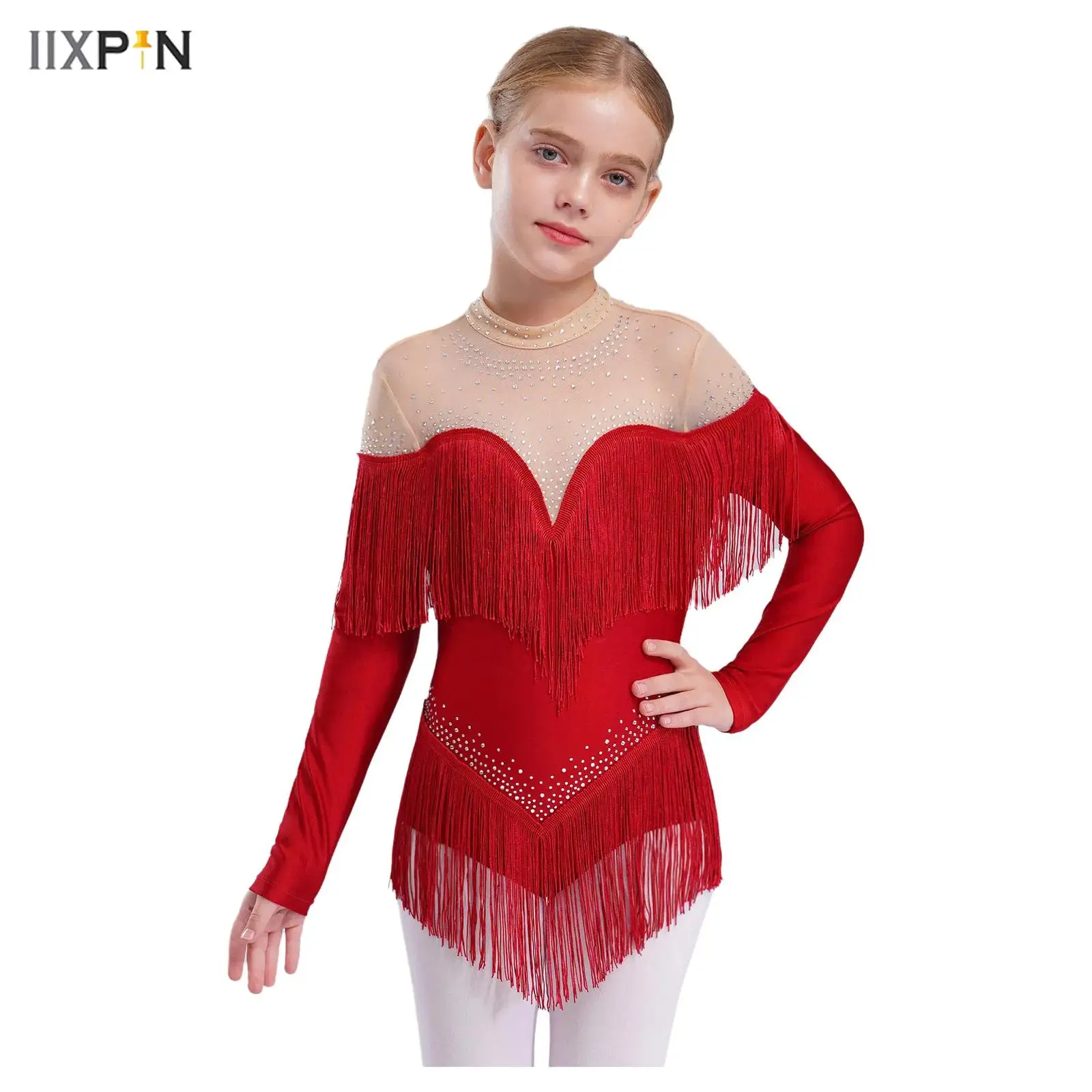 

Kids Girls Tassel Latin Dance Leotard Mock Neck Long Sleeve Sheer Mesh Patchwork Shiny Rhinestones Skirted Bodysuit Ice Skating