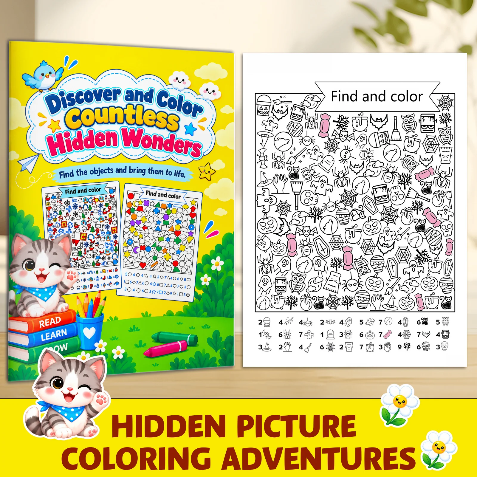 Find, Count & Color Hidden Picture Activity Book for Kids, Busy Scene Search Puzzles with Hidden Objects, Counting Tasks