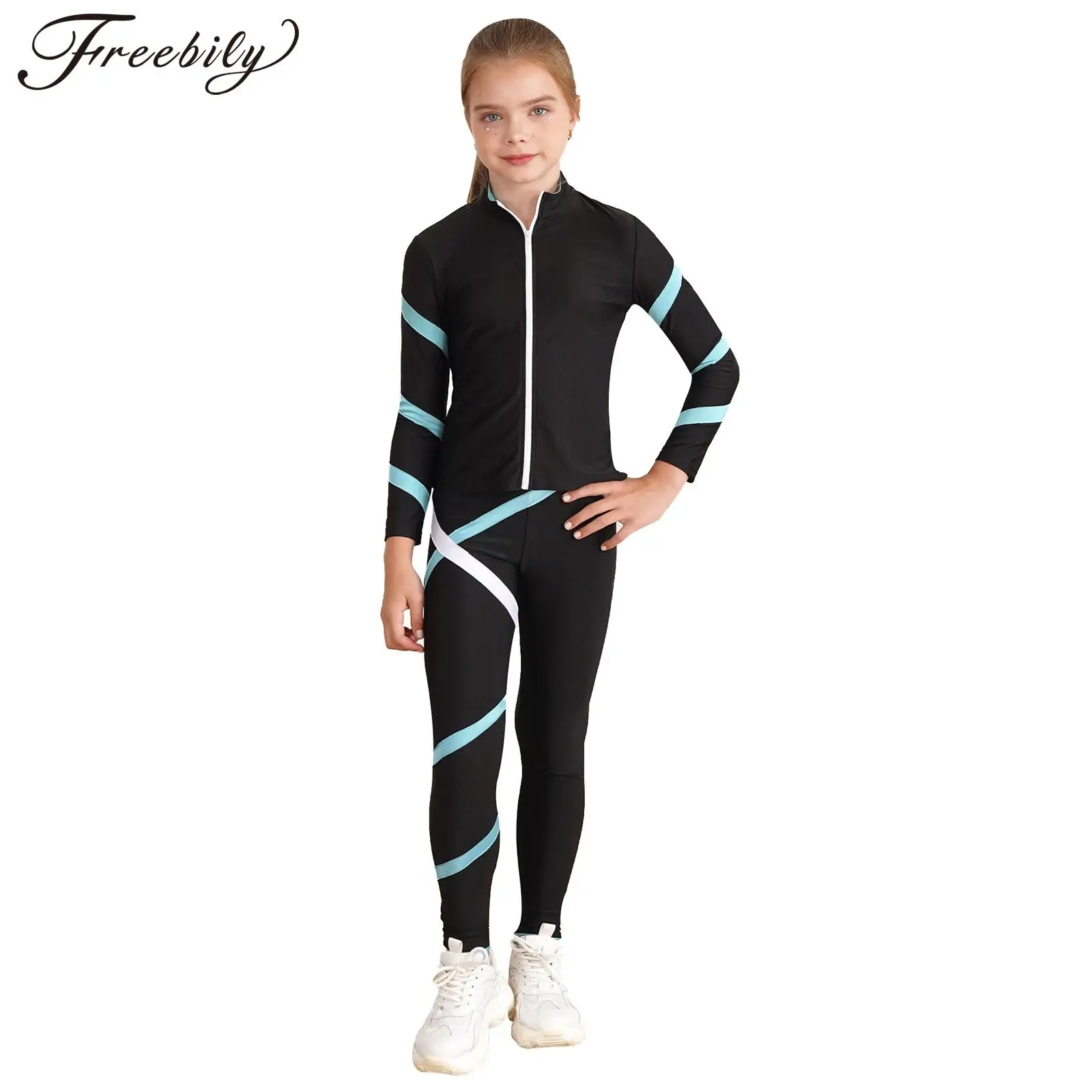 Kids Girls Lightweight Figure Ice Skating Jacket Striped Skating Pants Rhinestones Professional Ice Skating Training Suit