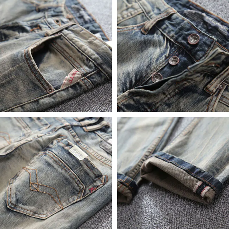 Fashion Designer Men Jeans High Quality Retro Washed Stretch Slim Fit Ripped Jeans Men Buttons Fly Vintage Denim Pants Hombre