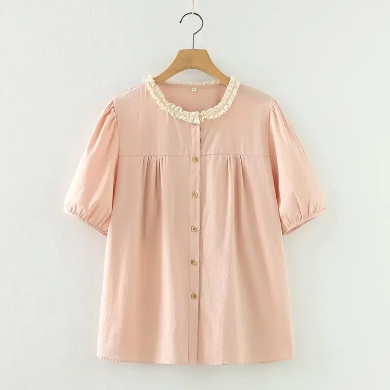 New Summer Cotton Short Sleeve Ruched Neck Solid Color Tops Mori Girl Casual Sweet Loose Retro Blouse 2024 Autumn T46441QM