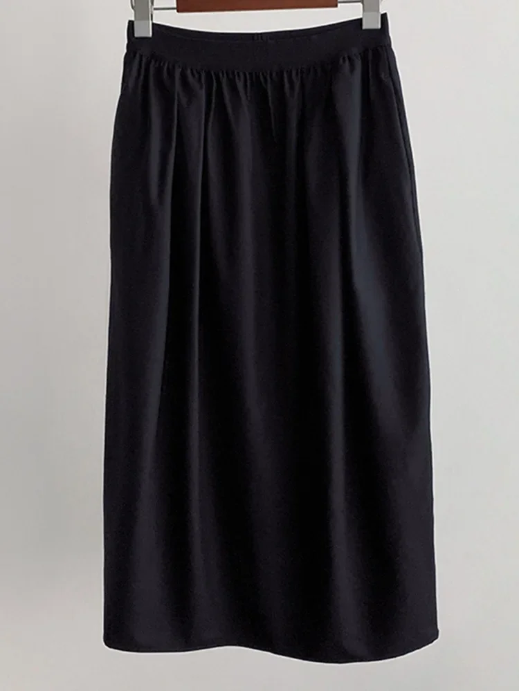 

Women Elastic Waist Black Midi Skirt Rear Slit Wool Female A-line Flower Bud Skirt Spring Mid-length Skirts