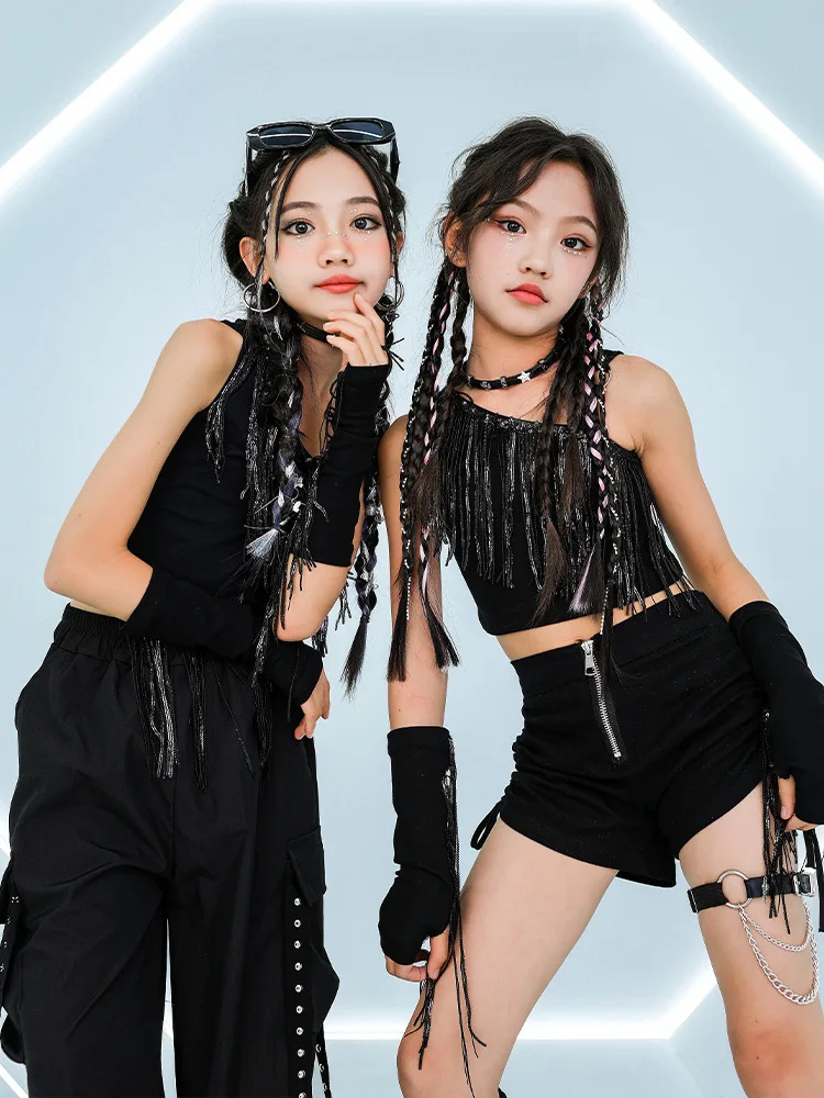 Girls Jazz Dance Clothes Black Tassel Crop Tops Pants Kids Hip Hop Competition Performance Suit Stage Wear K-pop Outfit BL14277