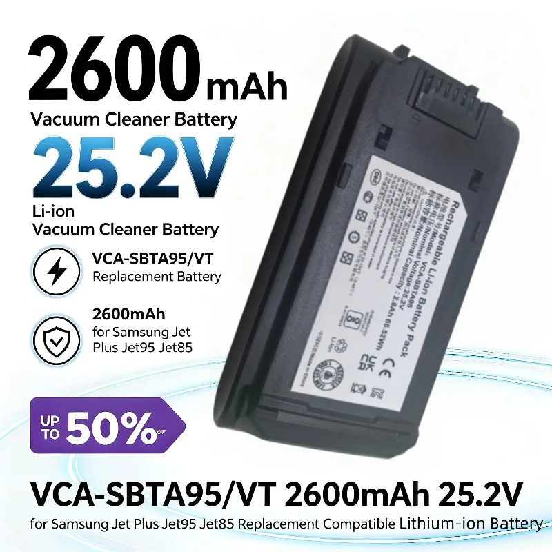 VCA-SBTA95/VT 2600mAh 25.2V Vacuum Cleaner Battery for Samsung Jet Plus Jet95 Jet85 Replacement Compatible Lithium‑ion Battery