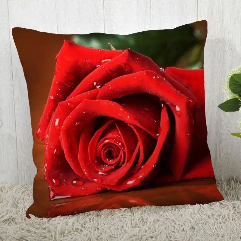 Red Rose Flower Print Double-sided Printed pillow cover Short plush Suitable living rooms bedrooms sofas throw cushion cover