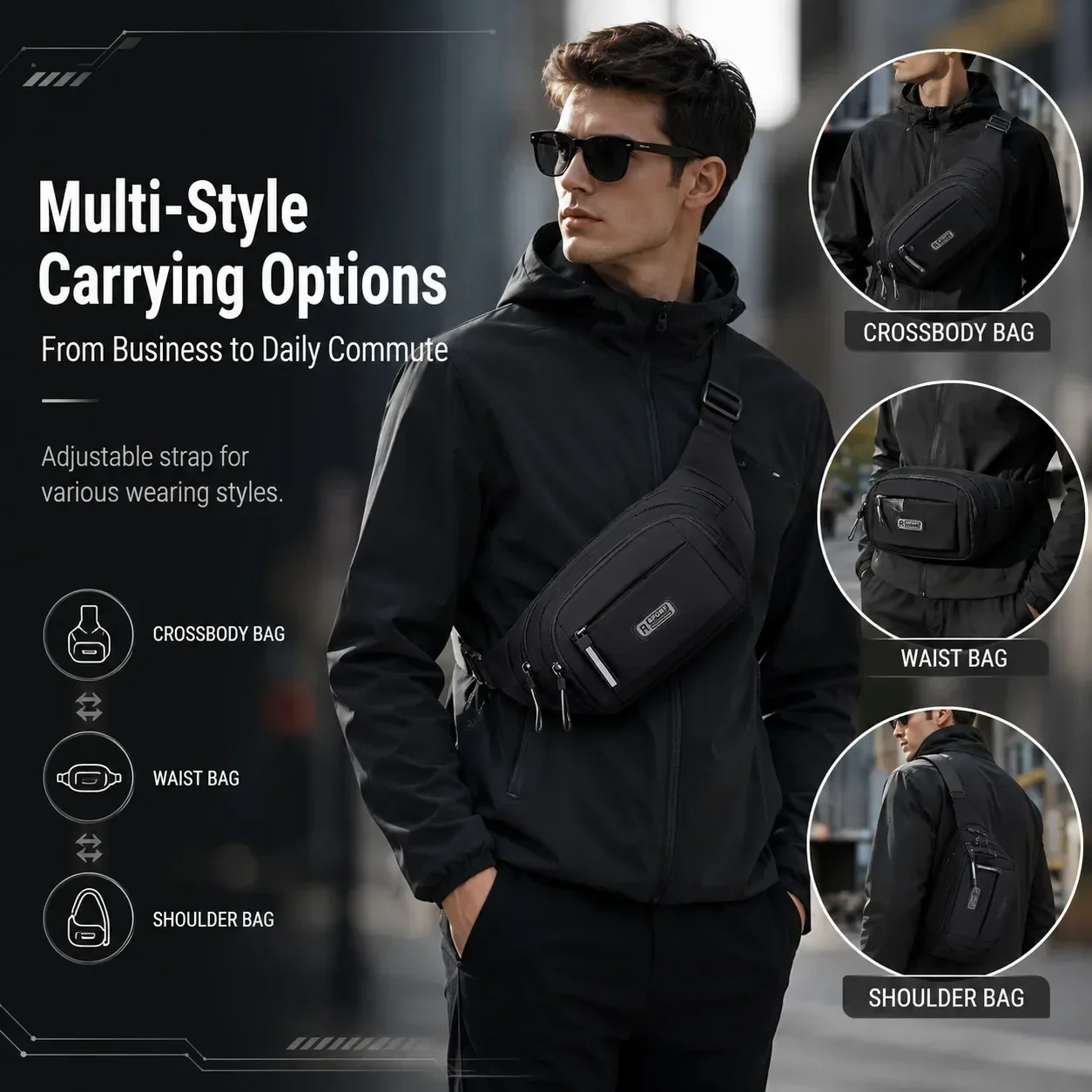 Unisex Large Waist Fanny Pack,3 Zipper Compartments with Adjustable Belt, Crossbody Bag for Running Cycling Travel Daily Commute