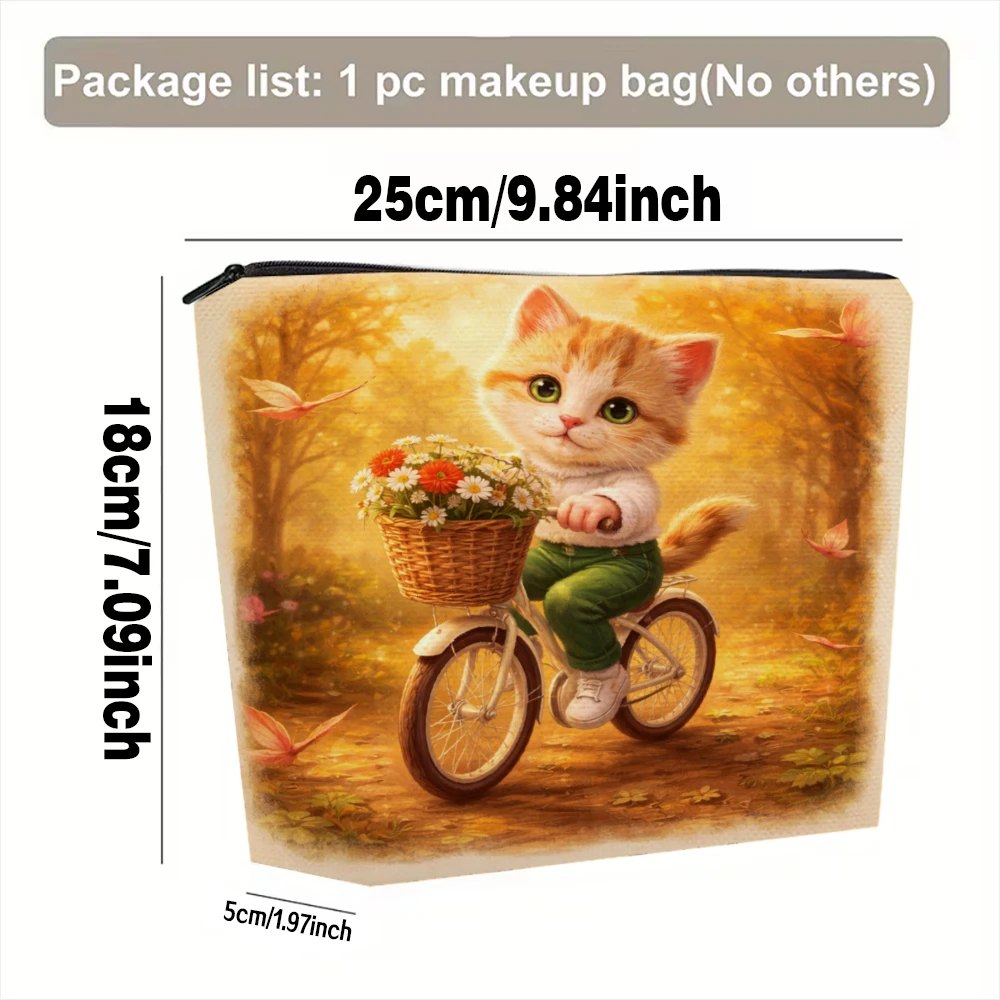 Cute Cat Riding Bike With Flowers Makeup Bags for Girls Cosmetic Pouch Toiletry Bag Pencil Case Travel Storage