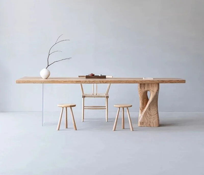 #Wabi-sabi Style Ash Wood Whole Slab Table, Acrylic Floating Solid Wood Long Desk, Vintage Log Table for Teahouse & Homestay