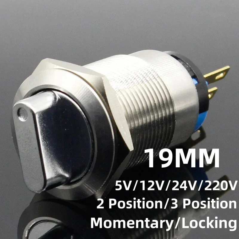 1PC 19mm 2/3 Position Switch Push Button Switch DPDT Metal Selector Rotary Switch with Waterproof Stainless Steel