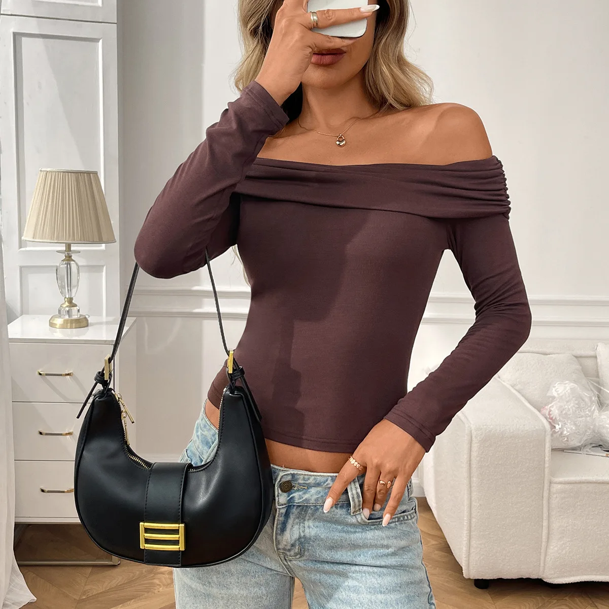 

Off-The-Shoulder Women's Blouses Autumn Tops Fashion Patchwork Slim Solid Color Long-Sleeve Female's T Shirts Sexy Y2K Tops 2025