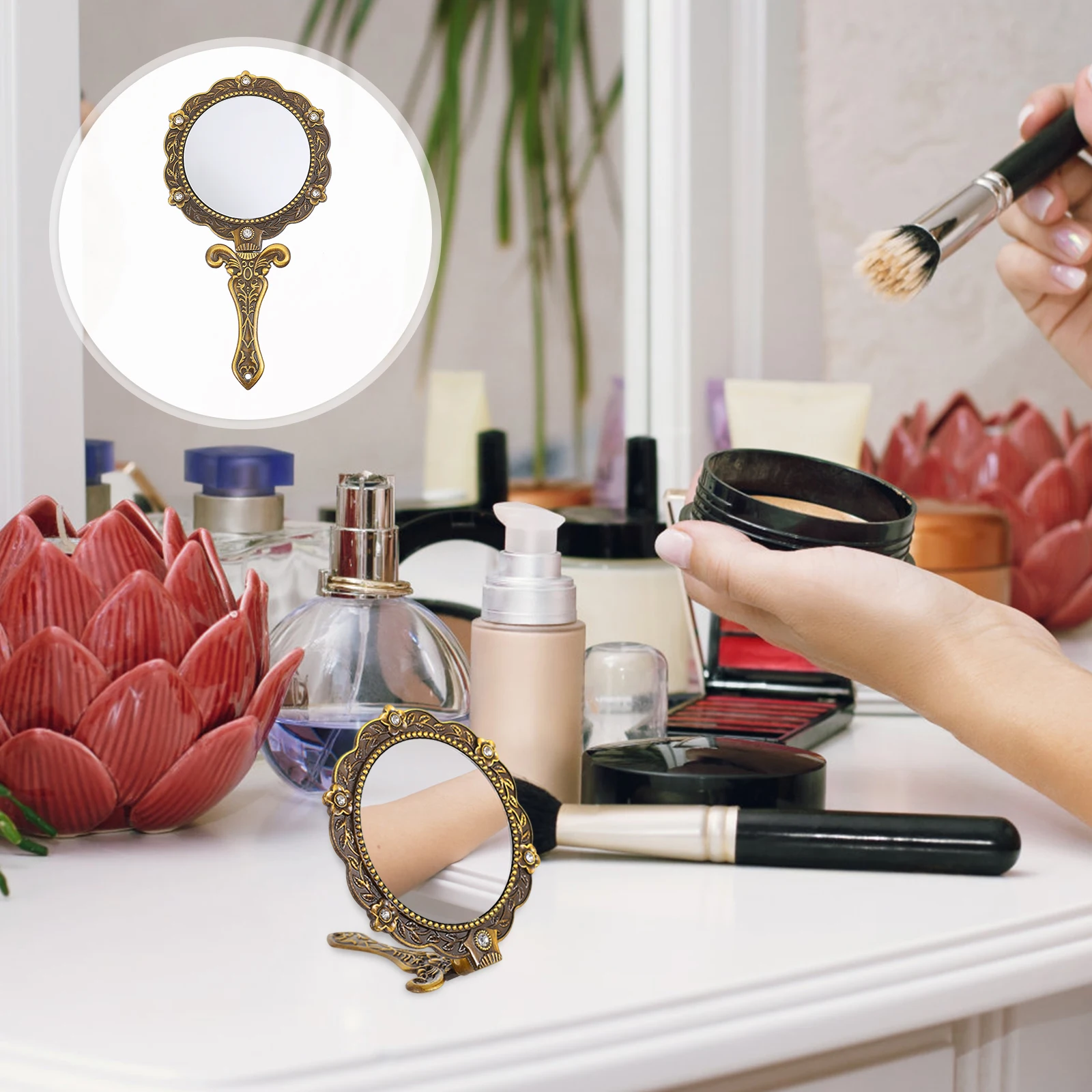 Retro-Handspiegel mit Griff, faltbar, Make-up, Make-up, tragbare Tasche