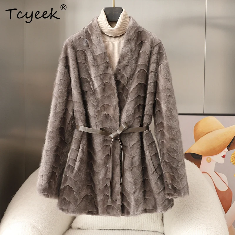 Tcyeek Real Mink Fur Coat Women 2025 Winter Clothes Mid-length Coat Warm Fur Womens Coats New in Outerwears 2025 Fourrure Femme