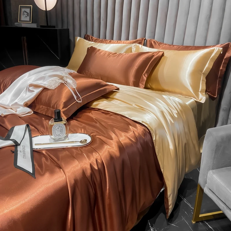 Solid Silk Bedding Set with Duvet Cover Bed Sheet Pillowcases Luxury King Single Double Couple Pillow Case Bedsheet