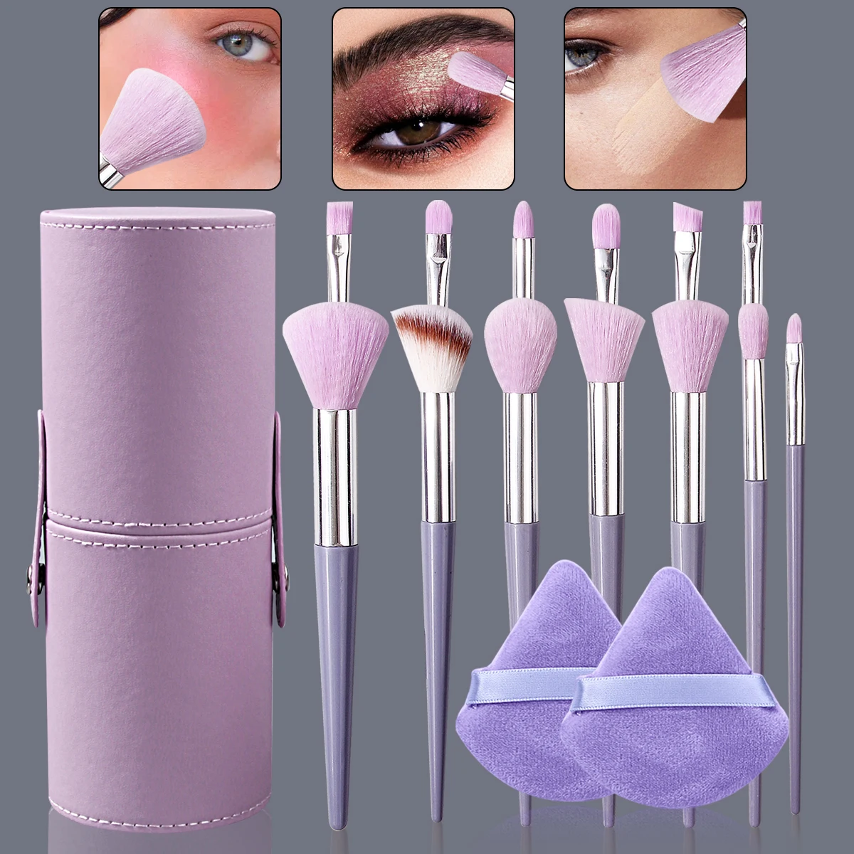 15PCS/16PCS Purple Makeup Brush Set, Multi-Functional Brush Set & Soft Triangular Powder Puff & Portable Storage Bucket